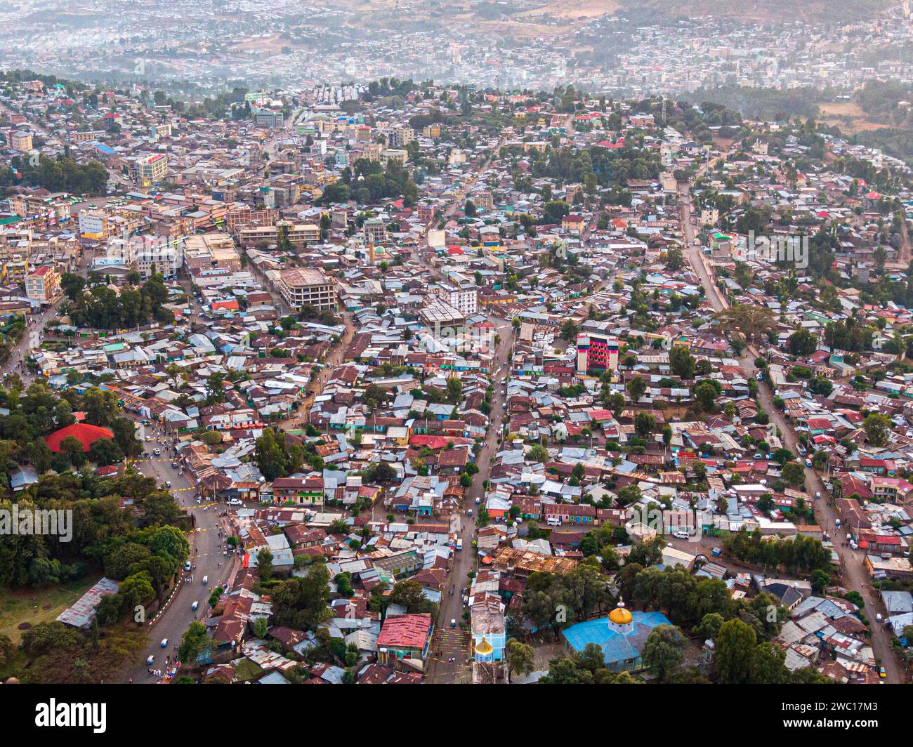 Aerial view of the city centre of Gondar with a lot of car and pedestrian traffic, Ethiopia, Africa Stock Photo