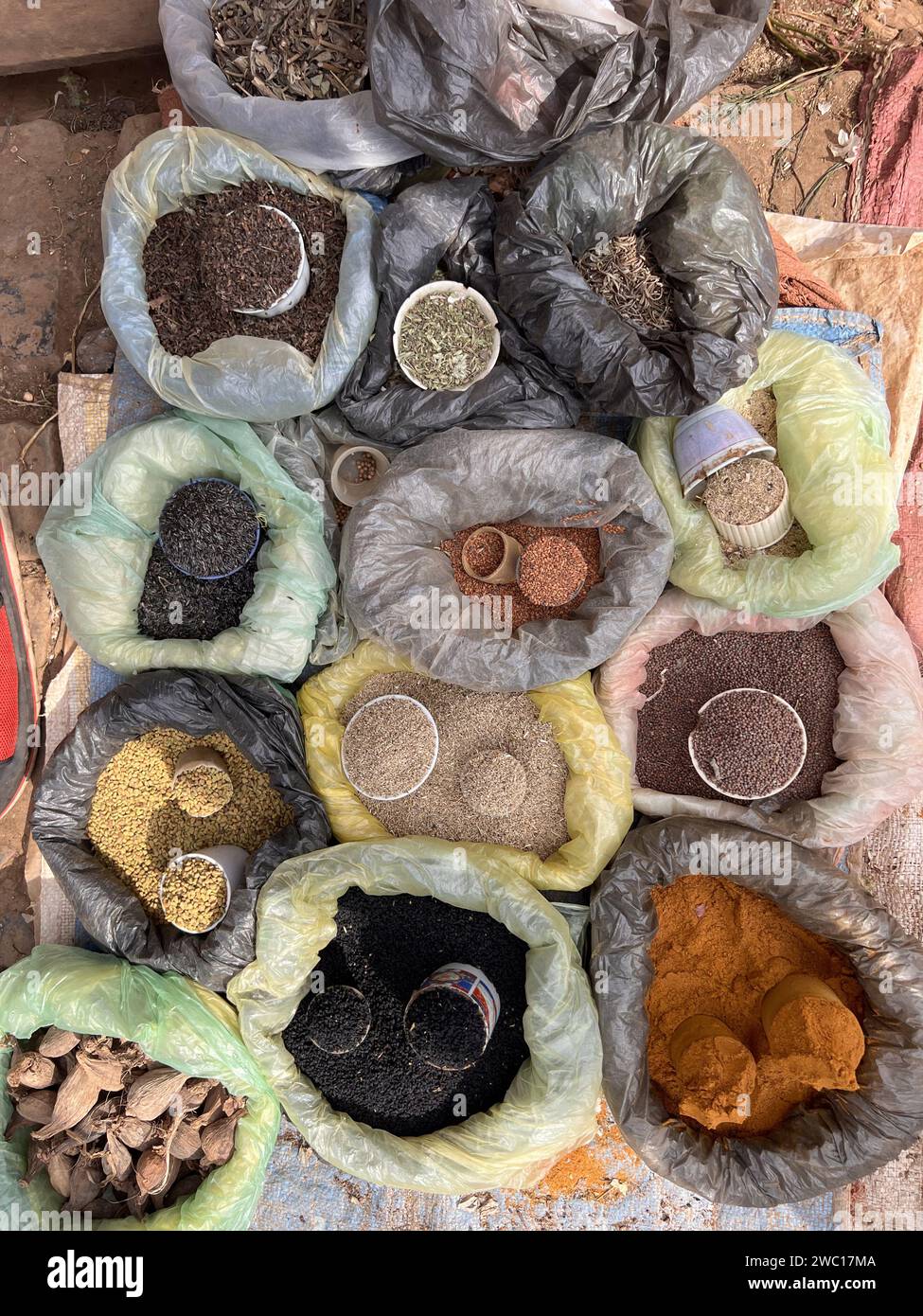 bulk spice in plastic bags at a market in Ethiopia. Stock Photo
