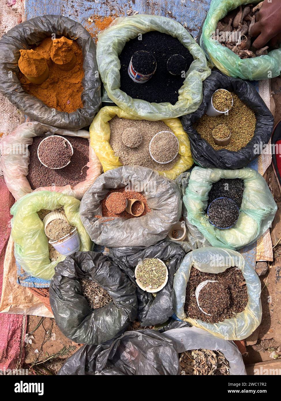 bulk spice in plastic bags at a market in Ethiopia. Stock Photo