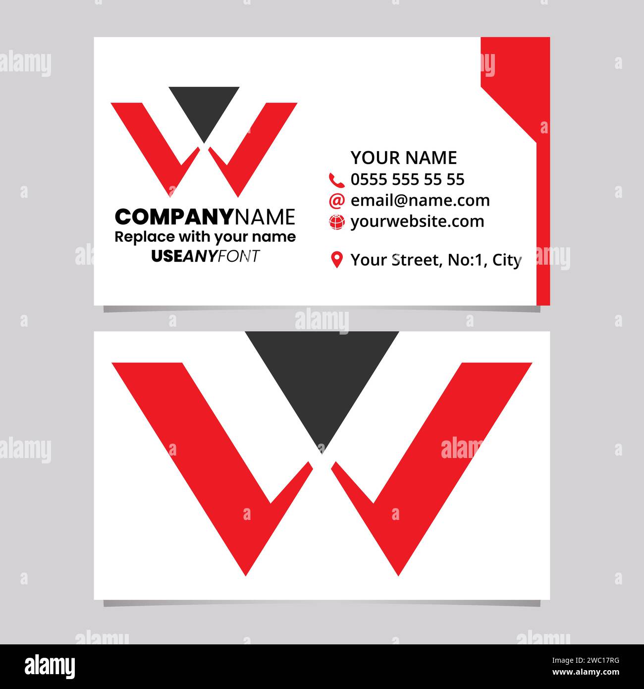 Red and Black Business Card Template with Triangle Shaped Letter W Logo Icon Over a Light Grey Background Stock Vector