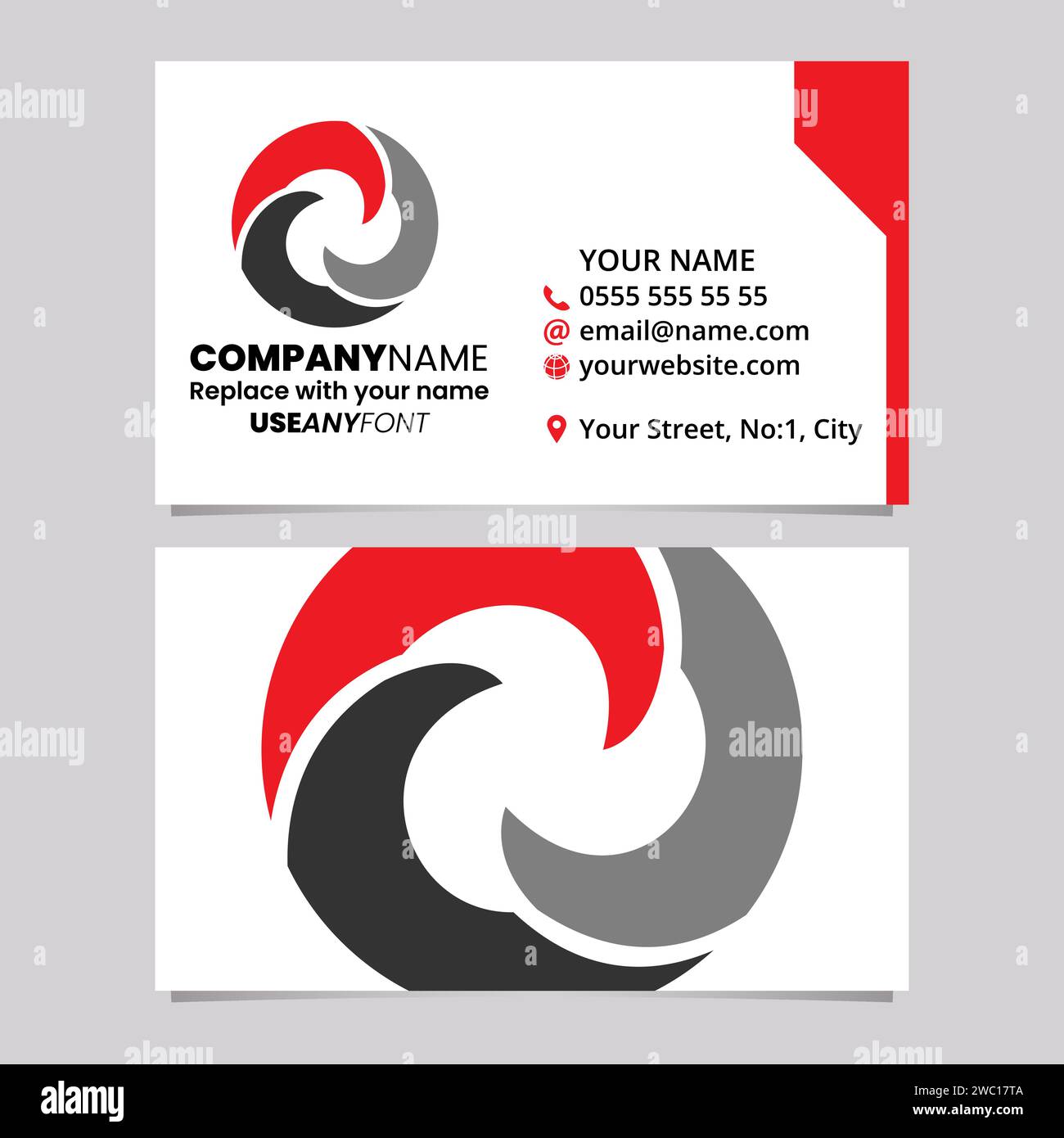 Red and Black Business Card Template with Wave Shaped Letter O Logo Icon Over a Light Grey Background Stock Vector
