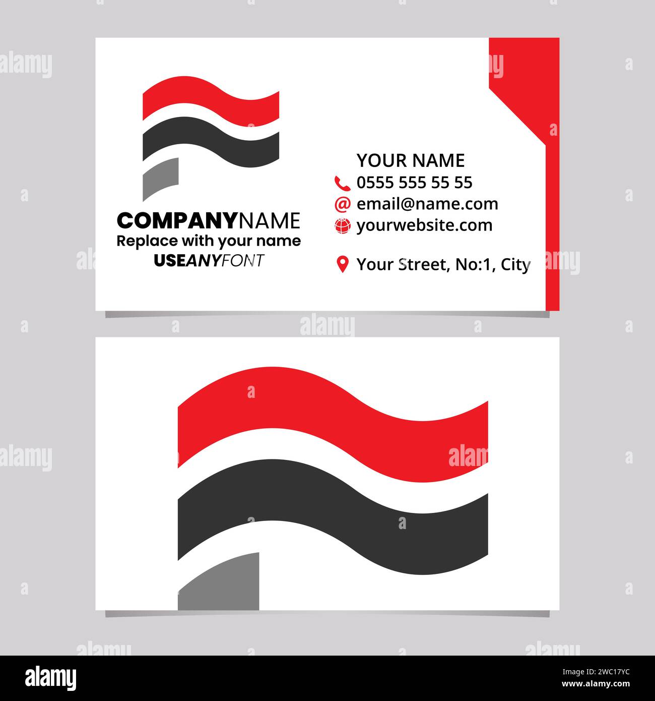 Red and Black Business Card Template with Wavy Flag Shaped Letter F Logo Icon Over a Light Grey Background Stock Vector