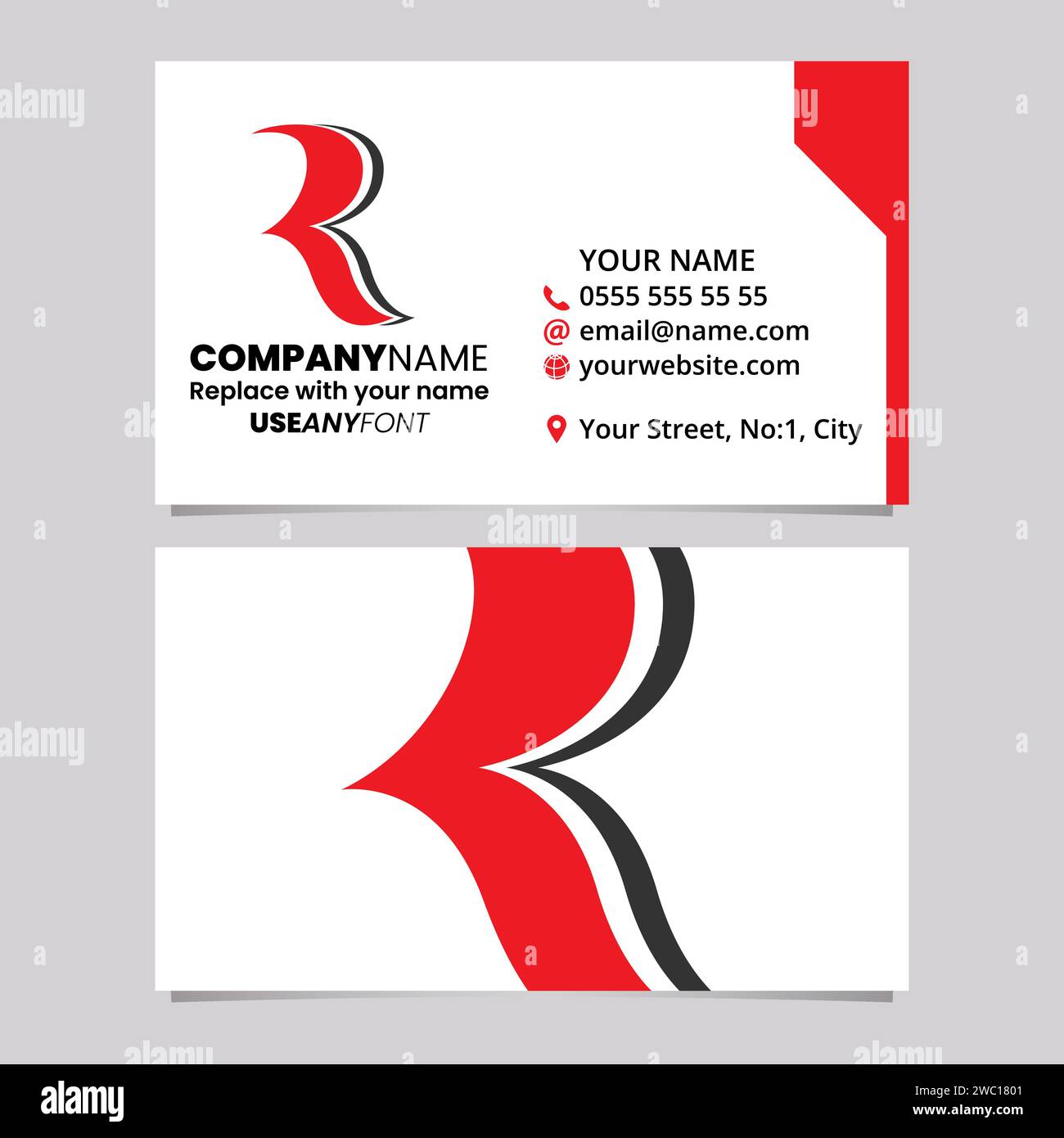Red and Black Business Card Template with Wavy Shaped Letter R Logo Icon Over a Light Grey Background Stock Vector
