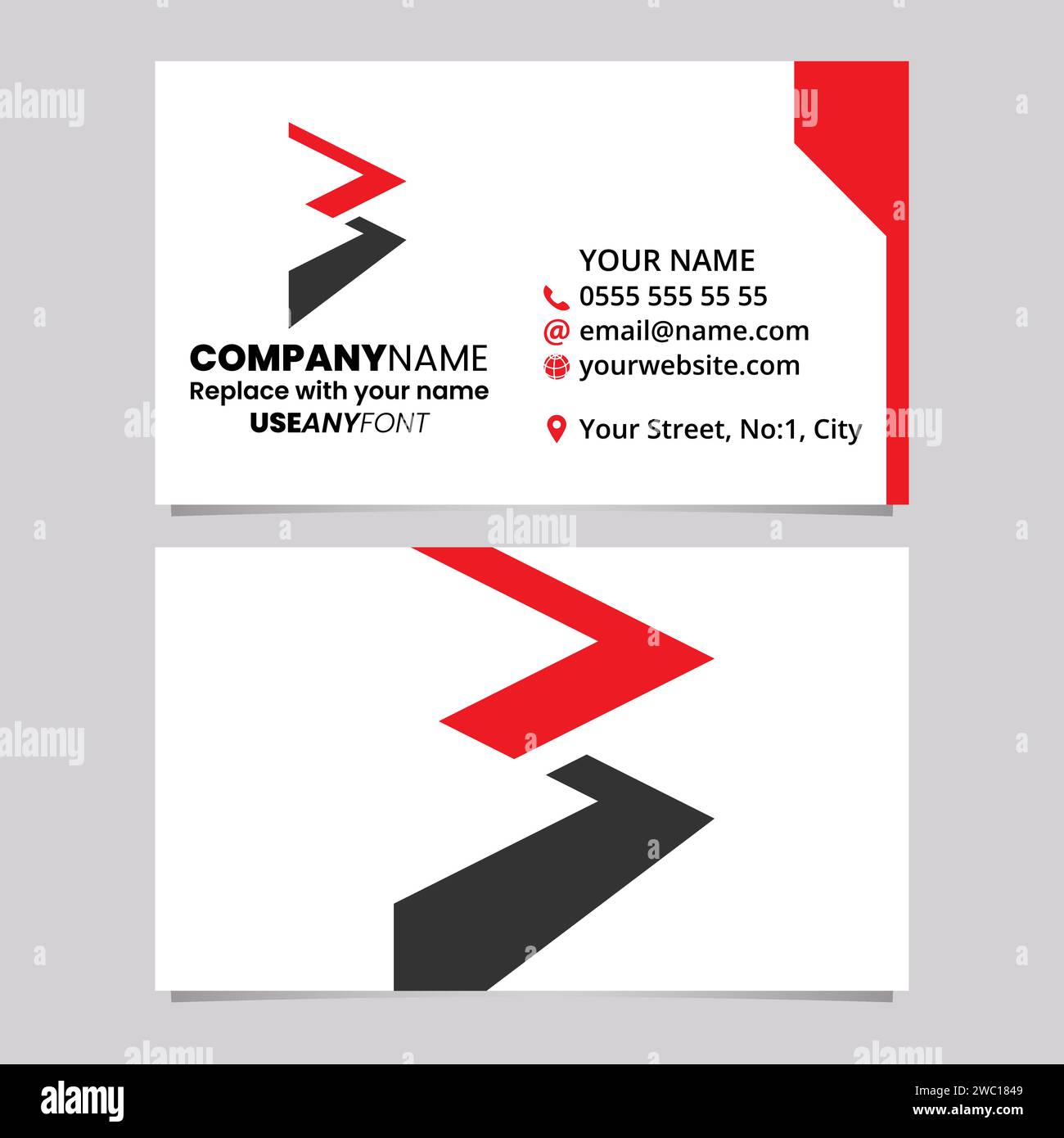 Red and Black Business Card Template with Zigzag Shaped Letter B Logo Icon Over a Light Grey Background Stock Vector