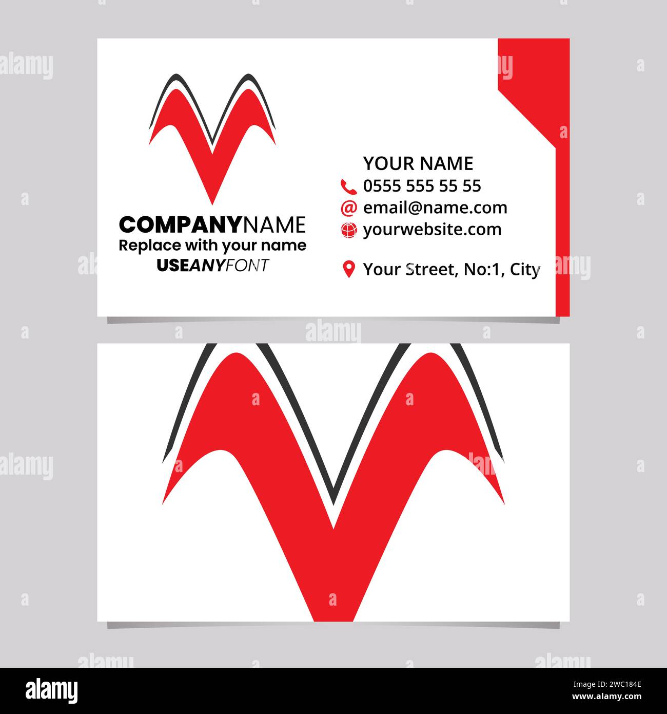 Red and Black Business Card Template with Wing Shaped Letter V Logo Icon Over a Light Grey Background Stock Vector