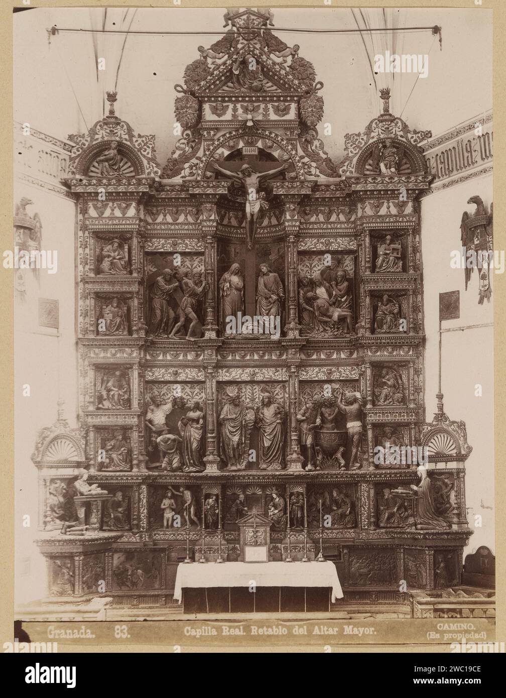 Retabel of the main altar in the royal chapel of the cathedral of Granada, Camino, After Felipe de Bigarny, 1851 - c. 1890 photograph This photo is part of an album. Granada paper albumen print altar with dossel (dorsal), 'reredos', altar-screen, retable Cathedral of Granada Stock Photo