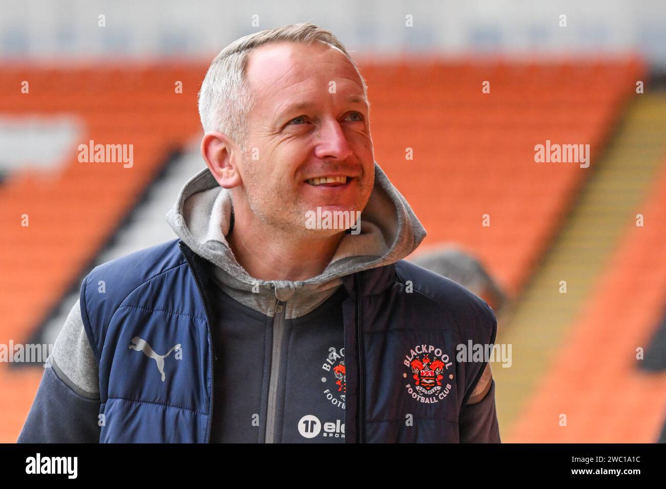 Neil Critchley Manager of Blackpool arrives ahead of the Sky Bet League