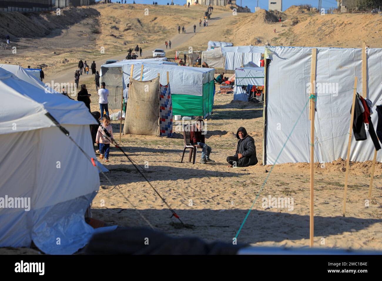 Gaza. 12th Jan, 2024. This photo taken on Jan. 12, 2024 shows a temporary shelter near the Gaza Strip's border with Egypt. Credit: Rizek Abdeljawad/Xinhua/Alamy Live News Stock Photo