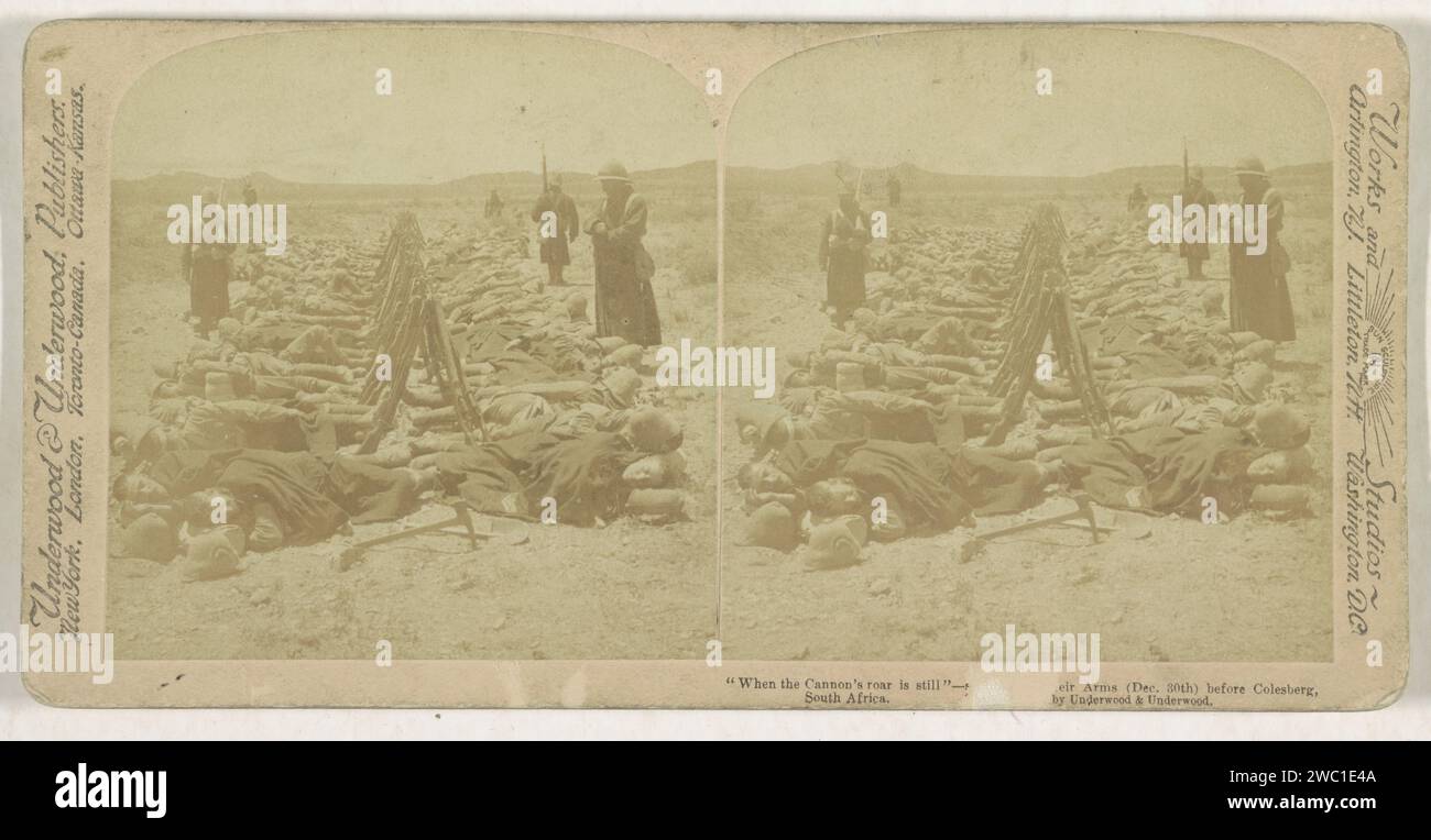 British soldiers sleep next to their guns near Colesberg, South Africa, Anonymous, Underwood and Underwood, 1900 stereograph  Colesbergpublisher: New York (city) (possibly) cardboard. paper albumen print the soldier; the soldier's life Colesberg Stock Photo