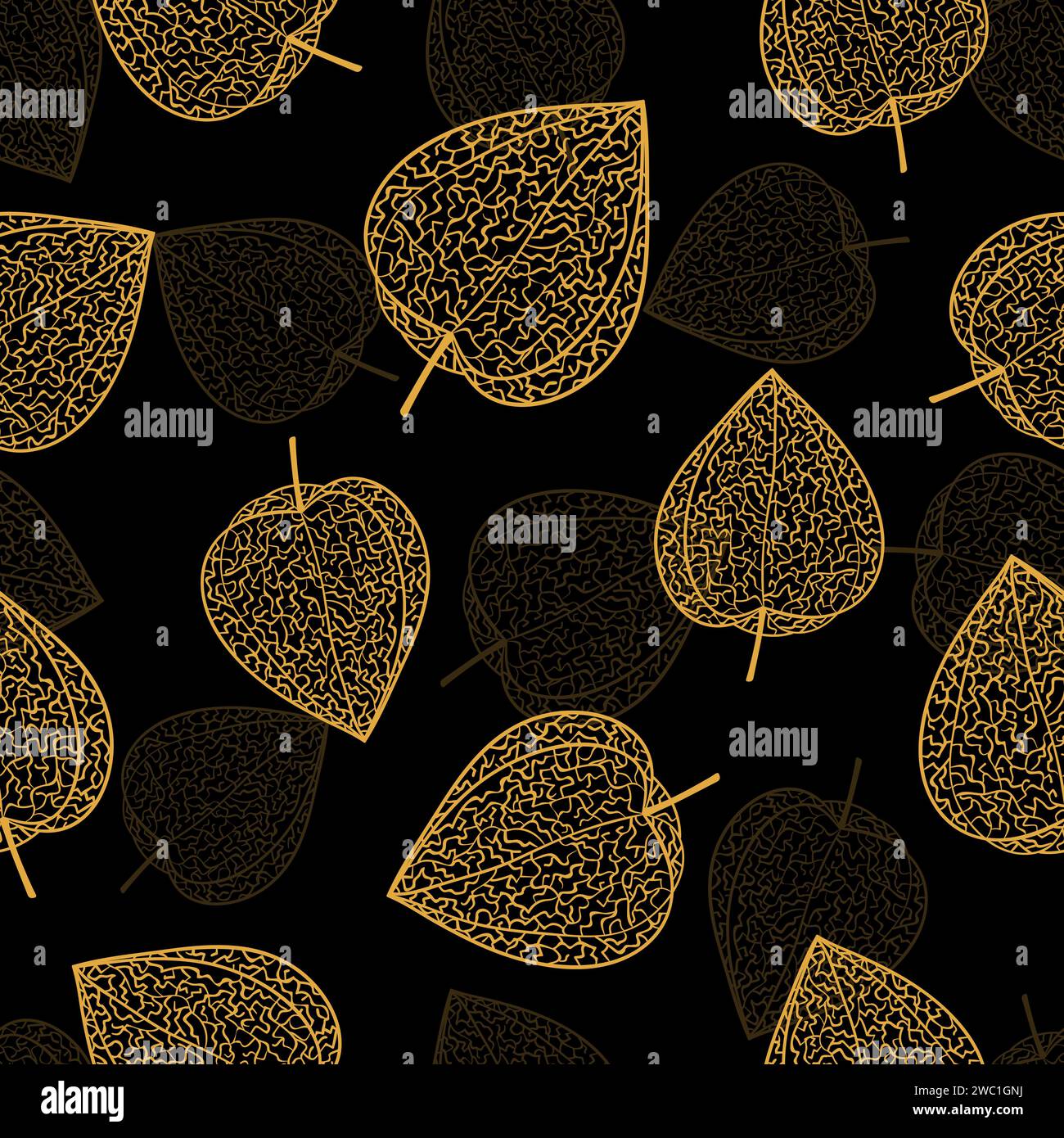 Golden physalis seamless pattern. Vector floral background with gold winter cherry Stock Vector