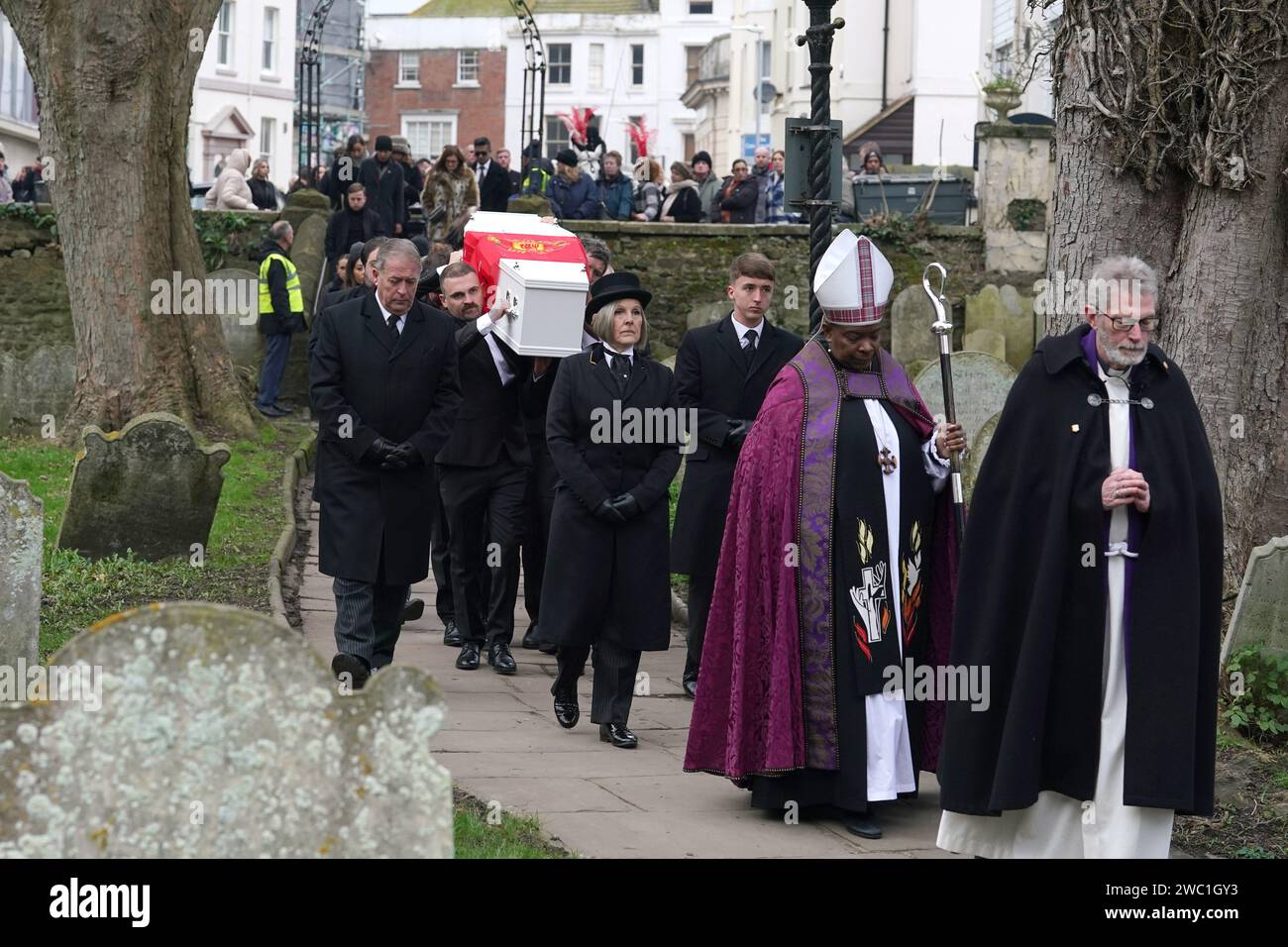 The coffin of William Brown is carried into Brown St Mary And St Eanswythe Church, Folkestone ahead of his funeral. The seven-year-old was killed on December 6 outside his home on Sandgate Esplanade in Folkestone, trying to collect his football in the road. Picture date: Saturday January 13, 2024. Stock Photo