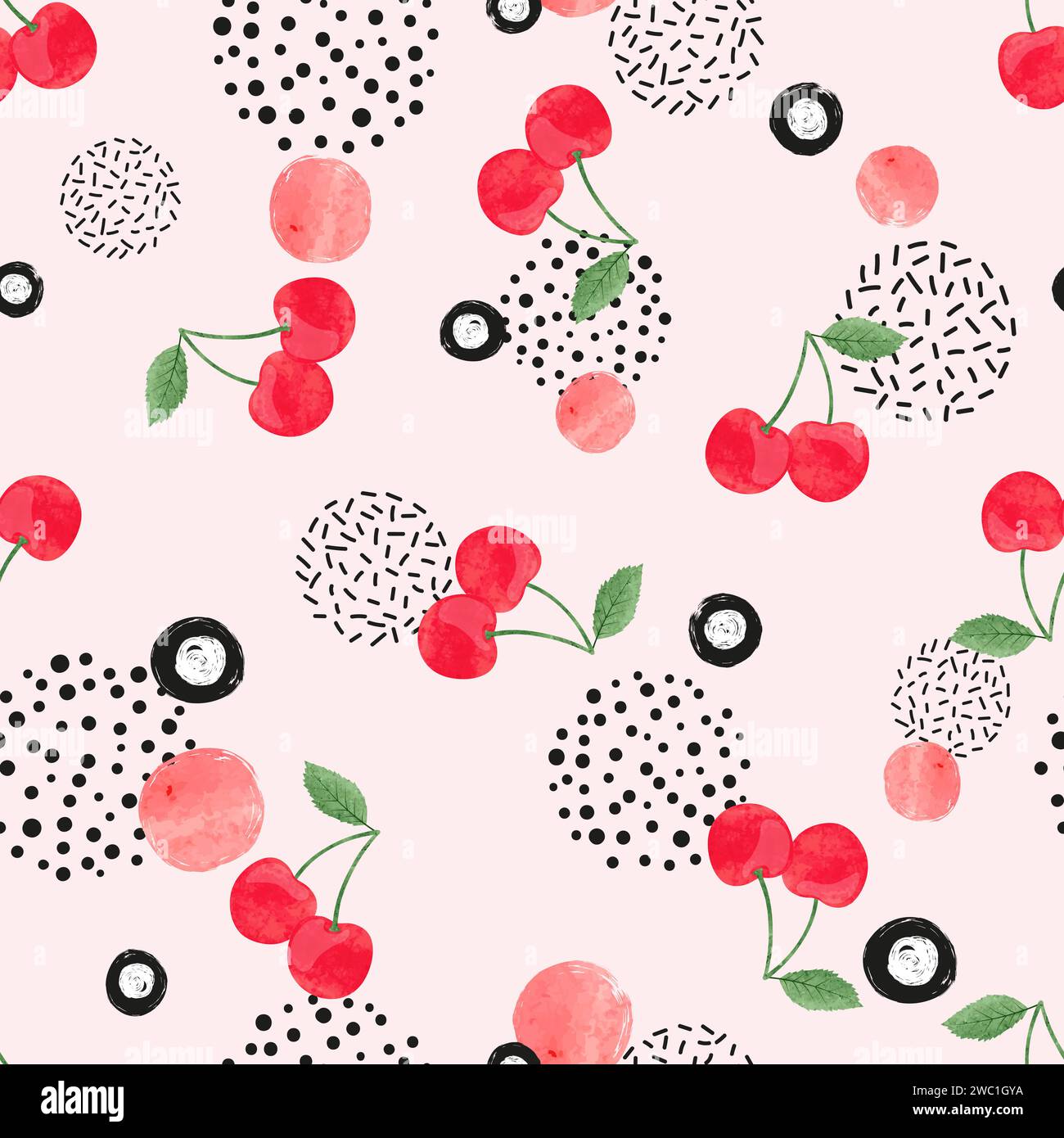 Seamless cherry pattern. Vector abstract background with watercolor berries Stock Vector
