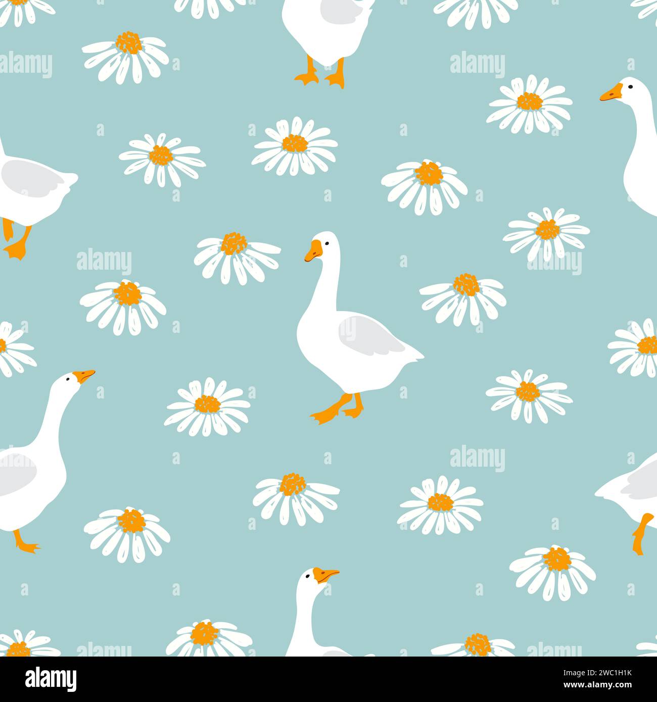 Seamless cute geese pattern. Cartoon goose and flowers print. Vector illustration Stock Vector