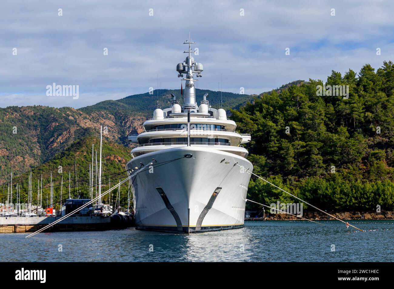 Yatch Forward Part Luxury super yacht moored alongside in marina. Forward view. Motor ...