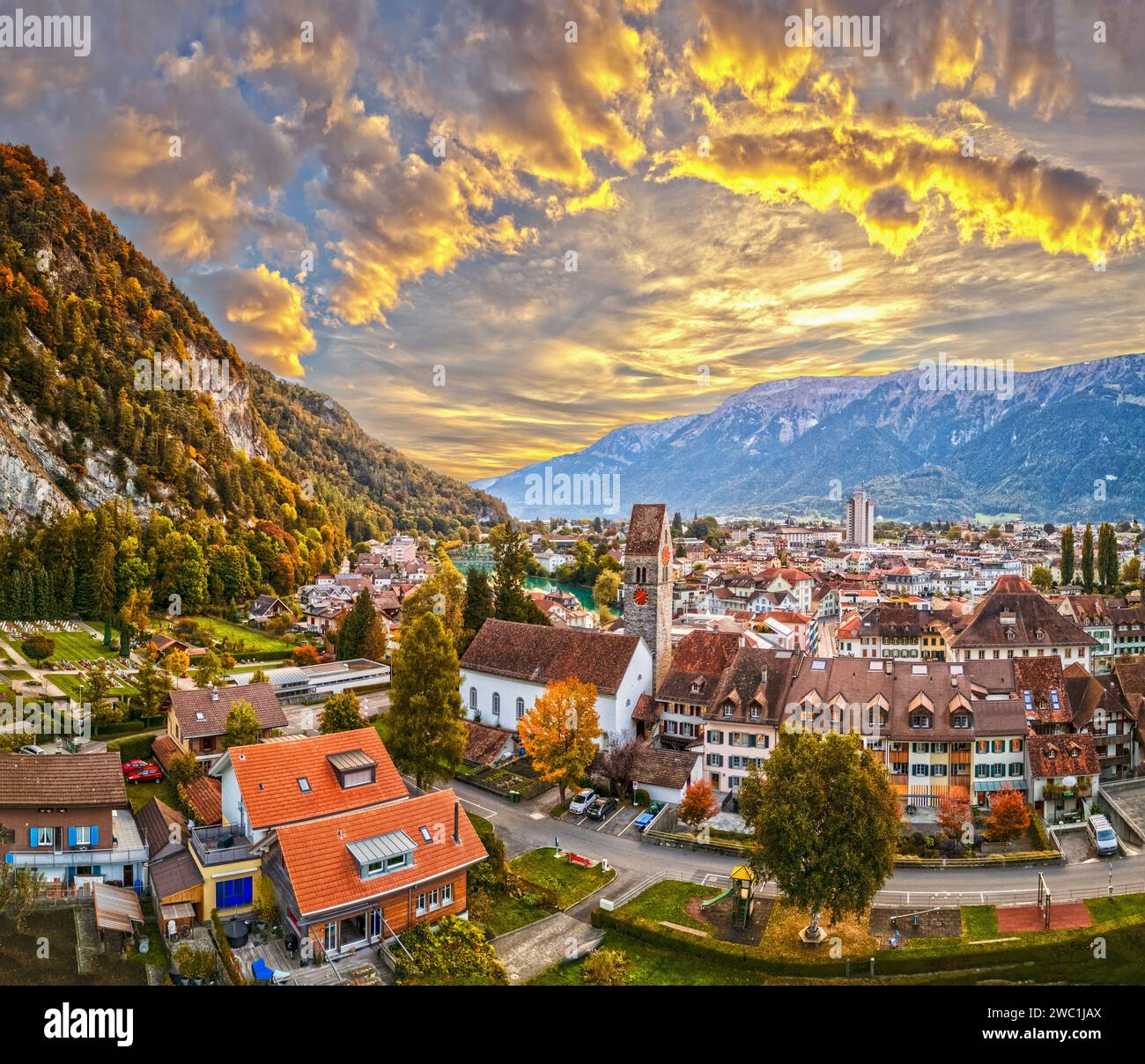 Interlaken, Switzerland from above the square at dawn. Stock Photo