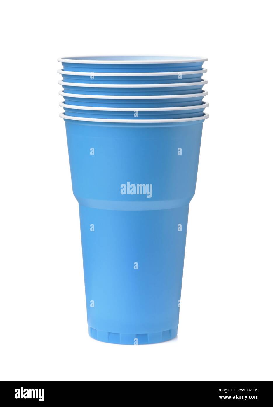 Stack of blue disposable plastic beer cups isolated on white Stock