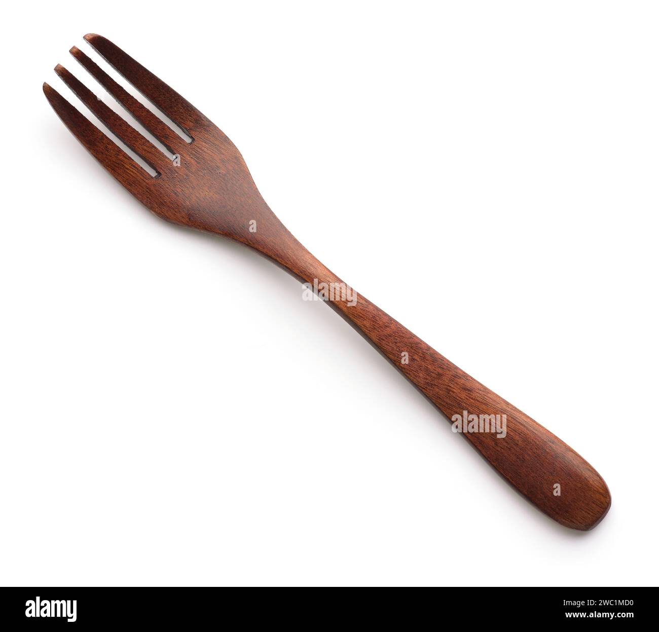 Top view of dark brown wooden fork isolated on white Stock Photo