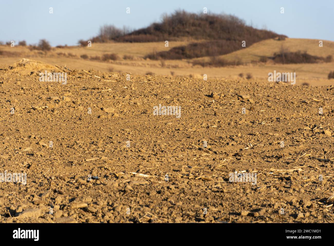 farmland in hilly terrain, plowed brown soil Stock Photo