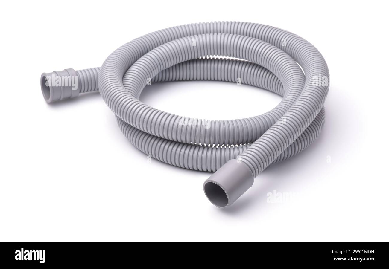 Gray plastic corrugated hose isolated on white Stock Photo