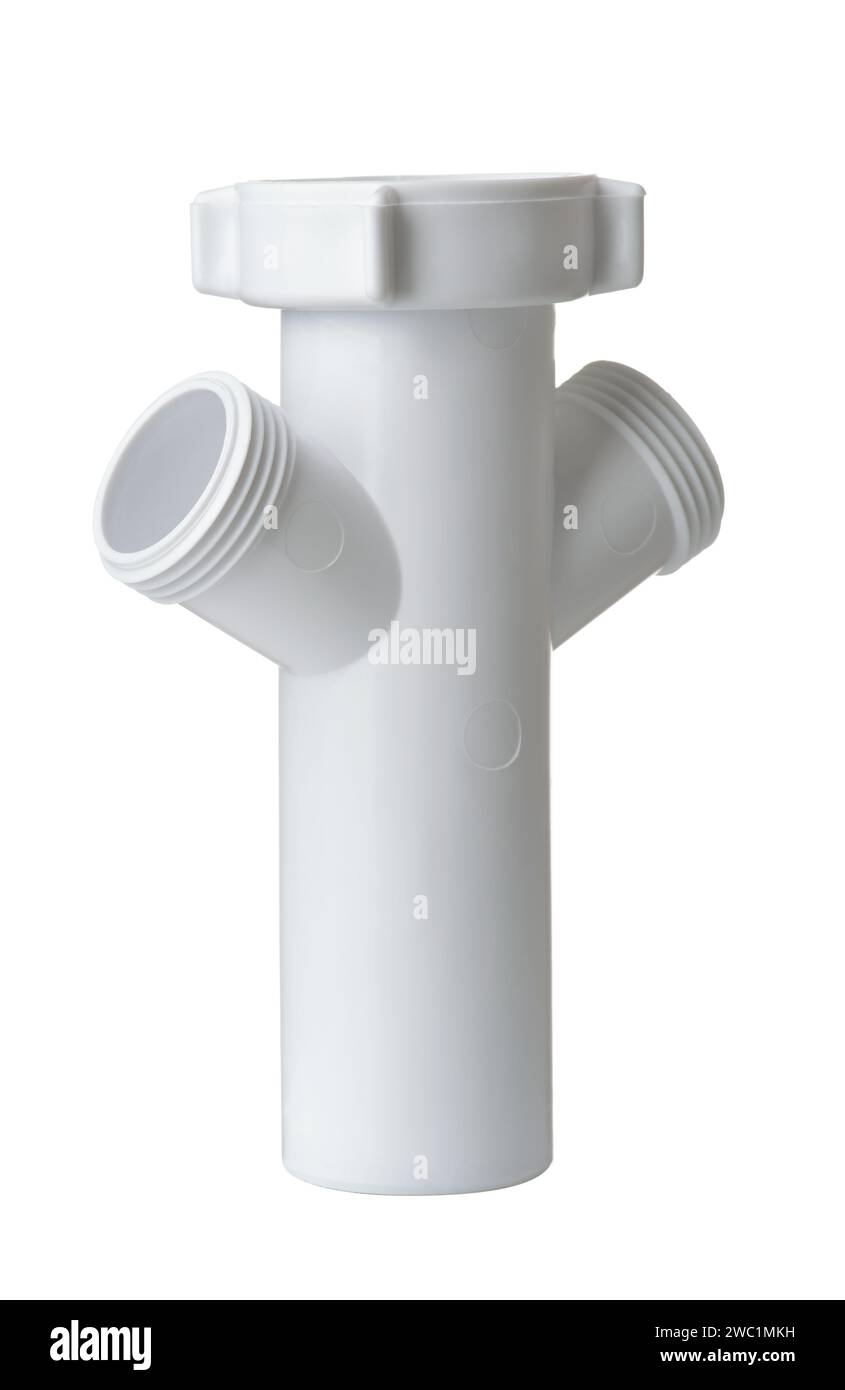 White plastic water pipe splitter isolated on white Stock Photo