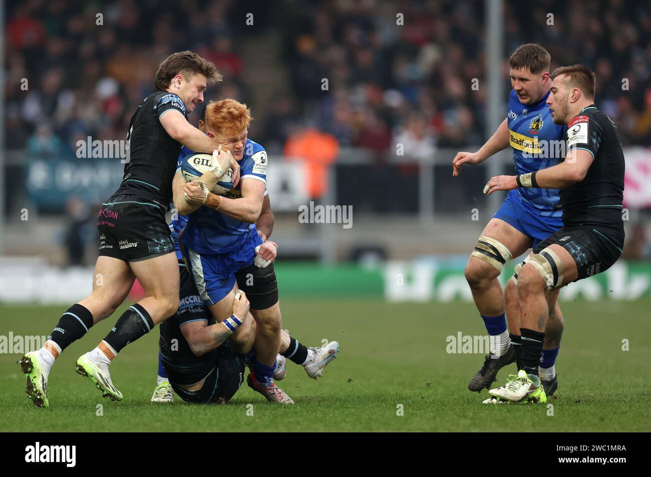 Exeter Chiefs' Ben Hammersley (centre) tackled during the Investec Champions Cup match at Sandy