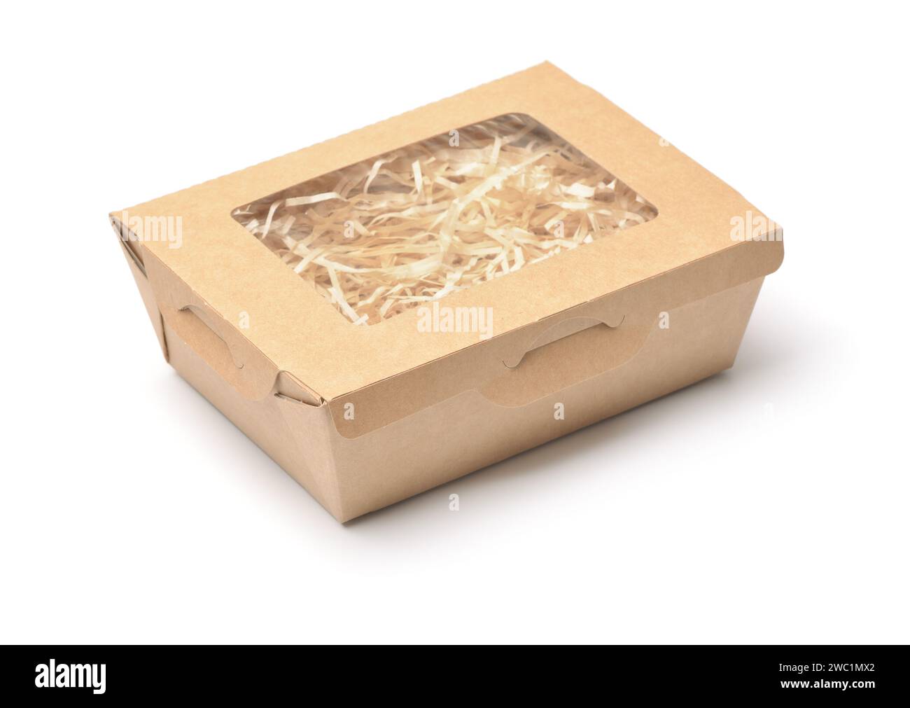 Paper box with transparent window full of shredded  paper filler isolated on white Stock Photo