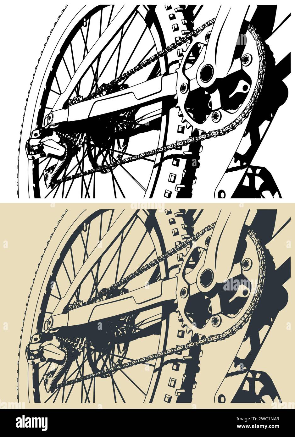 Stylized vector illustrations of a trail bicycle pedal mechanism close