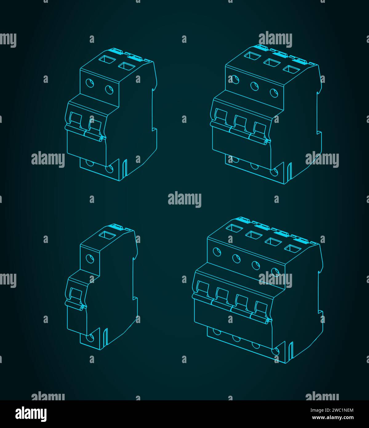 Stylized vector illustrations of blueprints of a circuit breakers Stock Vector