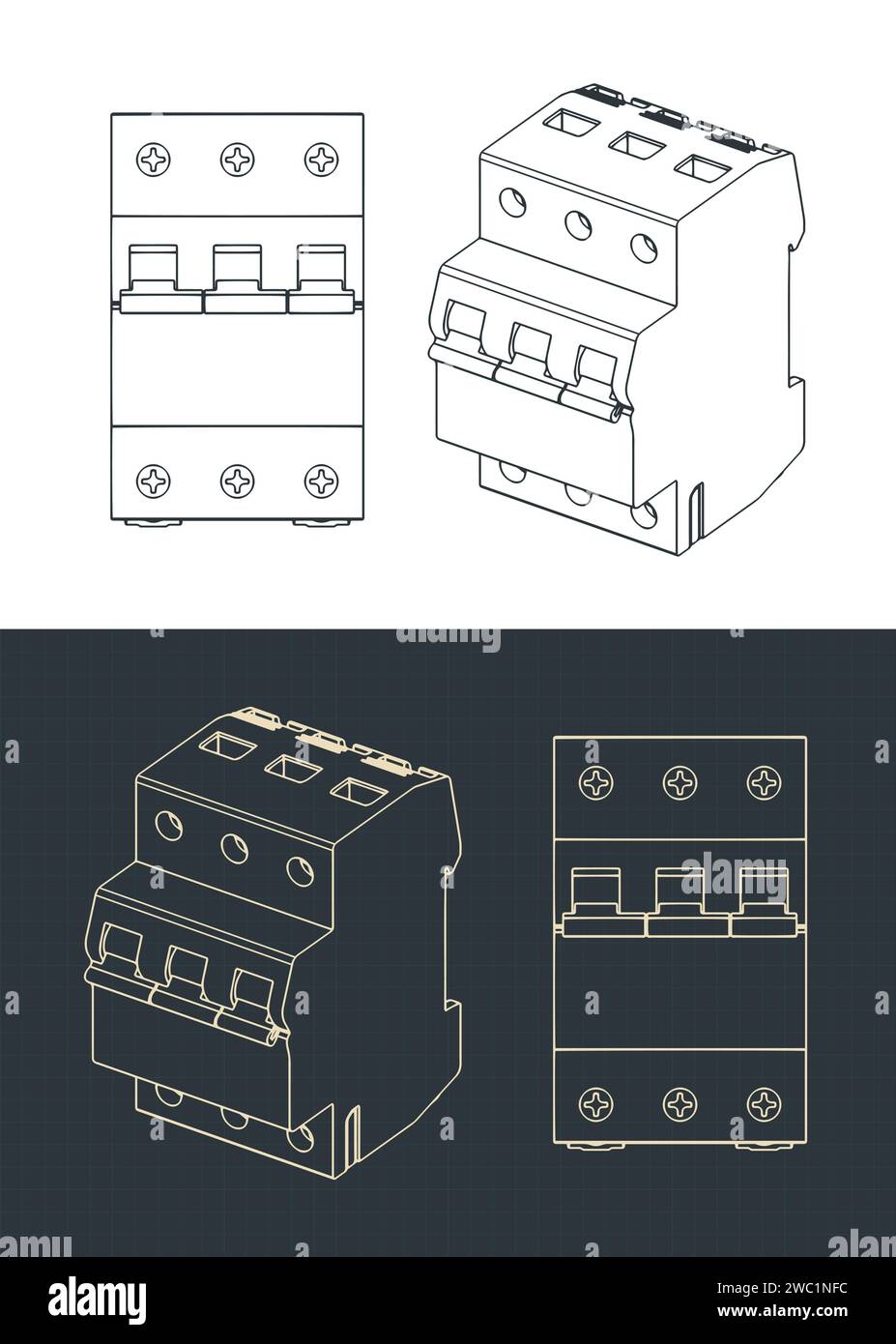 Stylized vector illustrations of blueprints of a circuit breaker Stock Vector