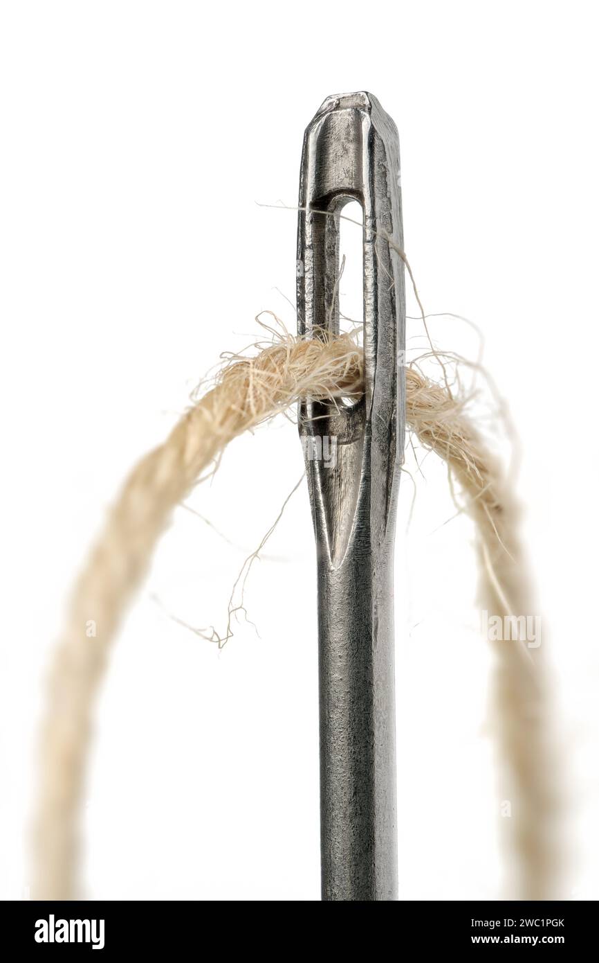 Thread and needle, extreme close-up shot, isolated on white background Stock Photo