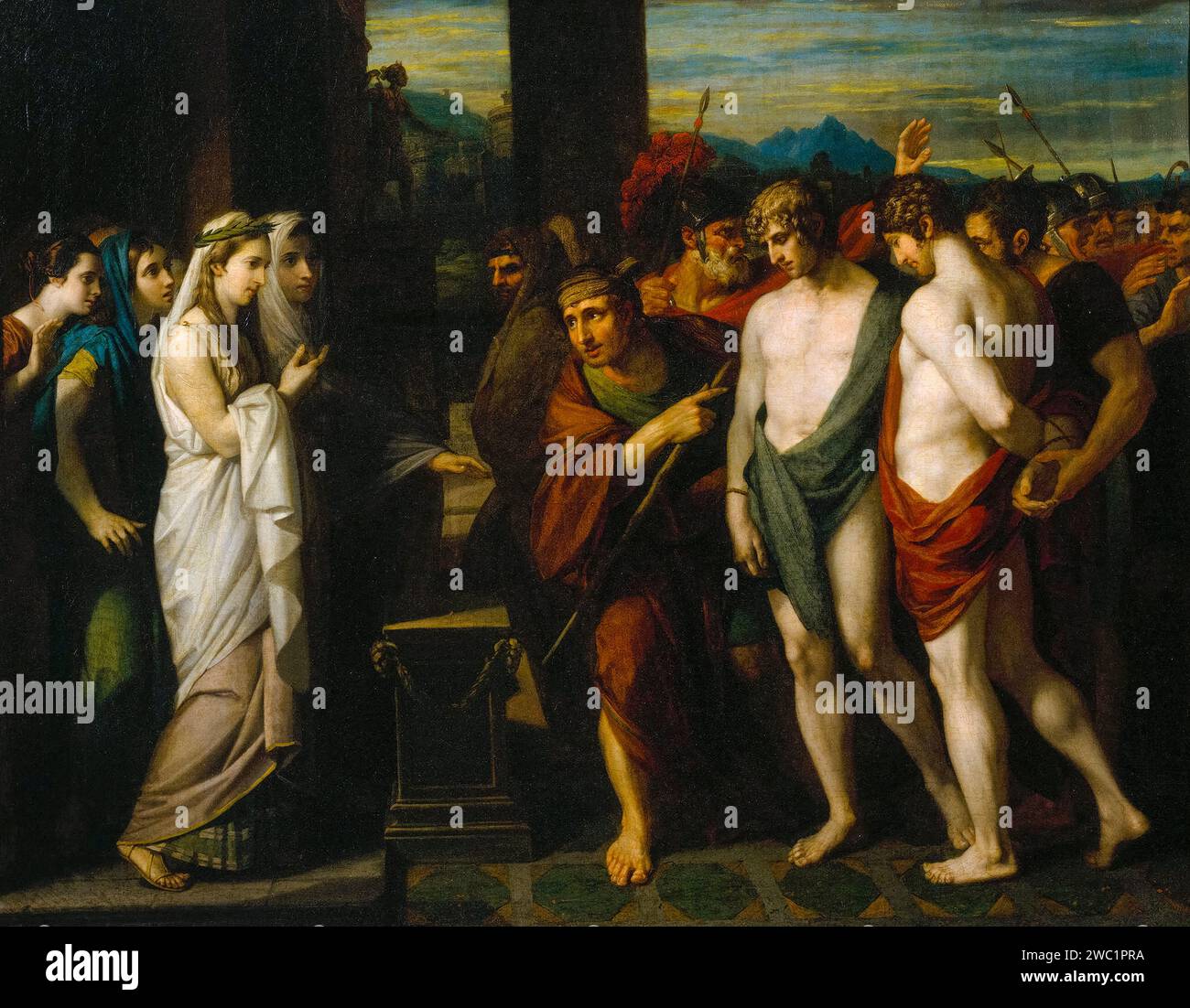 Benjamin West, Pylades and Orestes, Brought as Victims before Iphigenia, painting in oil on canvas, 1766 Stock Photo