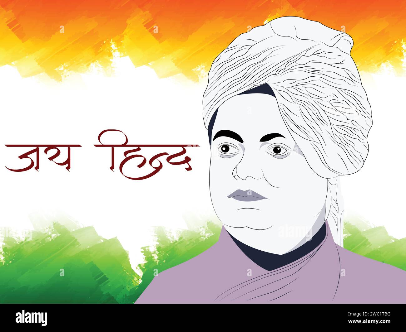vector illustration of sketch of swami vivekananda on tricolor background with text of jai hind in hindi 2WC1TBG