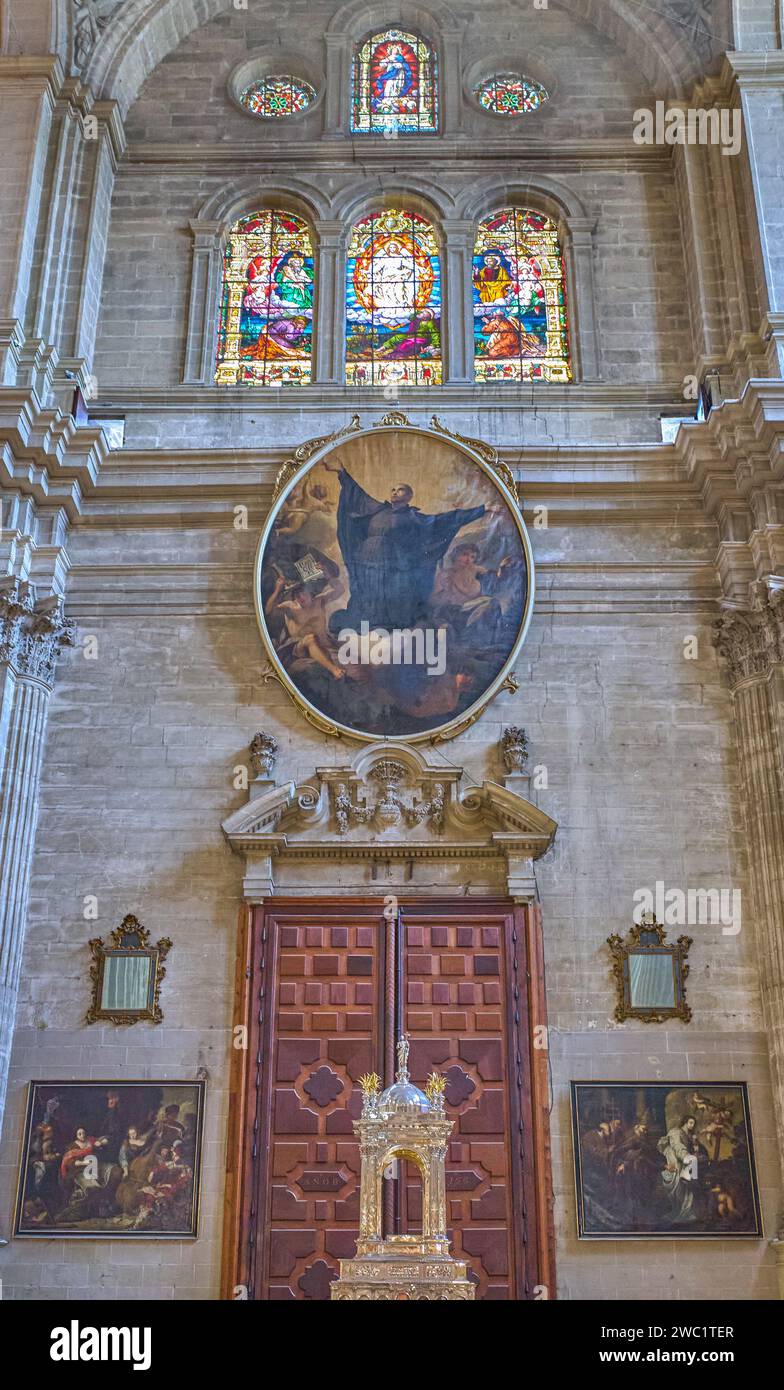 Malaga, Spain - July 30, 2022:   View of the arthex of he Malaga Cathedral (or Santa Iglesia Catedral Basílica de la Encarnación) Stock Photo