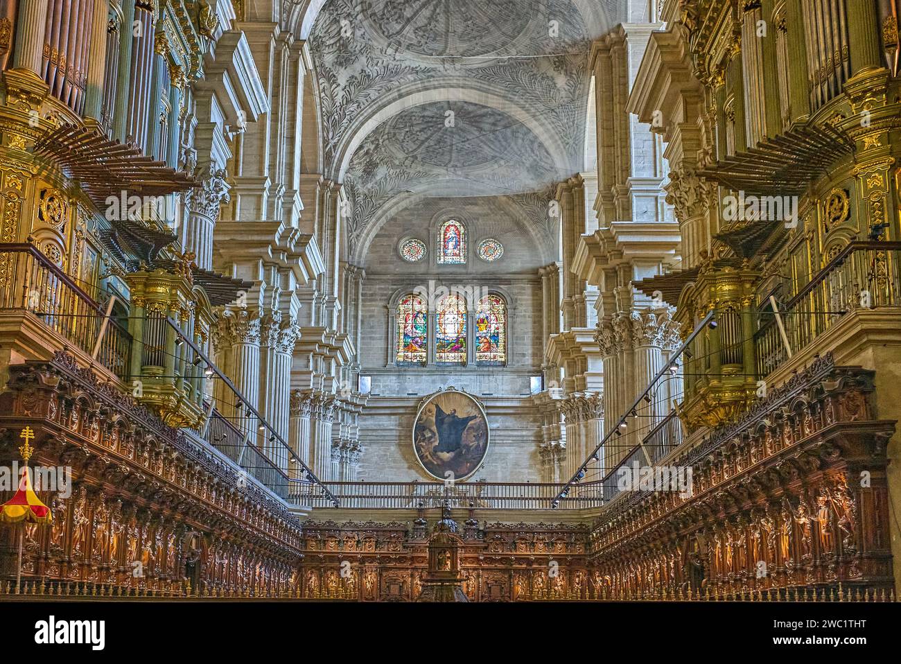 Malaga, Spain - July 30, 2022:   View of the arthex of he Malaga Cathedral (or Santa Iglesia Catedral Basílica de la Encarnación) with the wooden choi Stock Photo