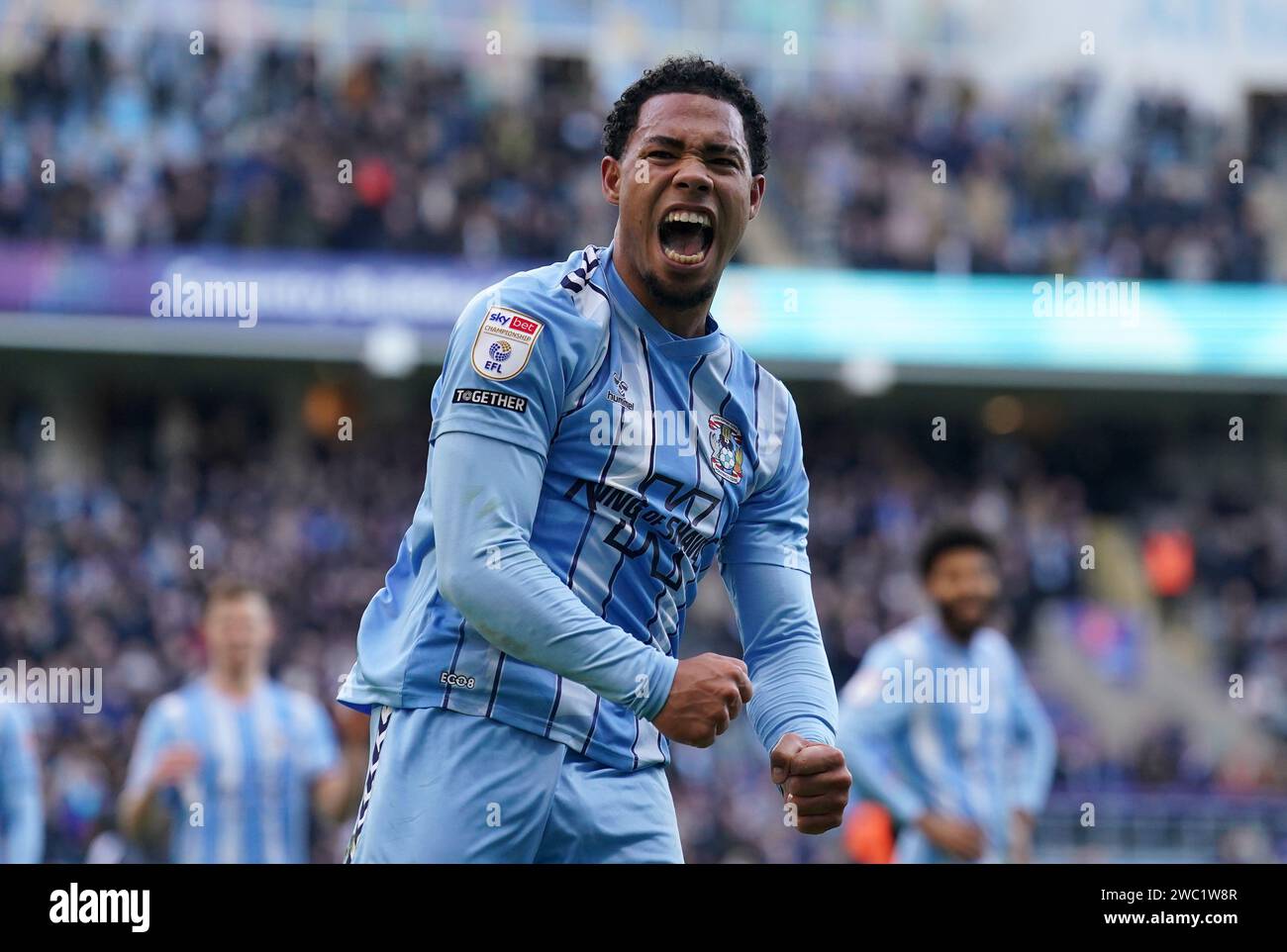 Coventry City's Milan van Ewijk celebrates at full-time after the Sky ...