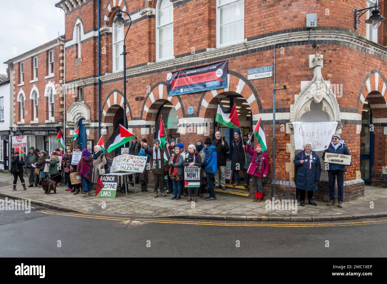 Residents of the small border town of Presteigne, Powys, Wales, UK, demonstrating against the Israeli military action in Gaza. These demonstrations have taken place regularly every Saturday, organised by the local group Radnor Palestine Links. Stock Photo
