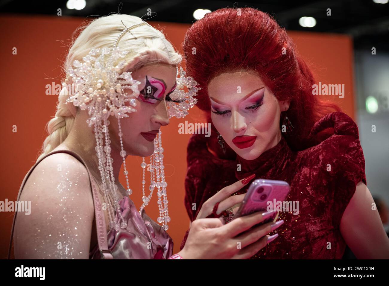 London, UK. 13th January 2024. Vibrant Drag Queens and fans arrive at