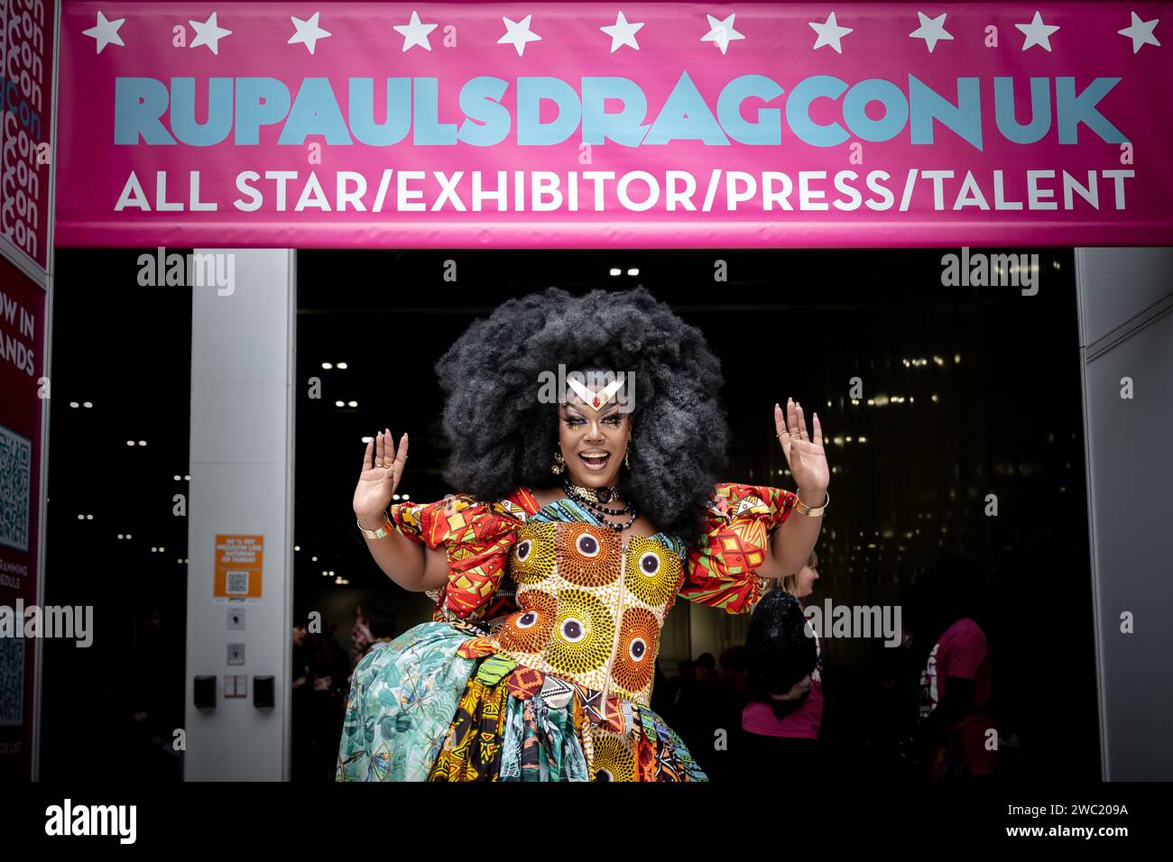 London, UK. 13th January 2024. Vibrant Drag Queens and fans arrive at ExCel London venue for the official opening of DragCon UK, one of the biggest celebrations of Drag, running from 12-14 January. Credit: Guy Corbishley/Alamy Live News Stock Photo