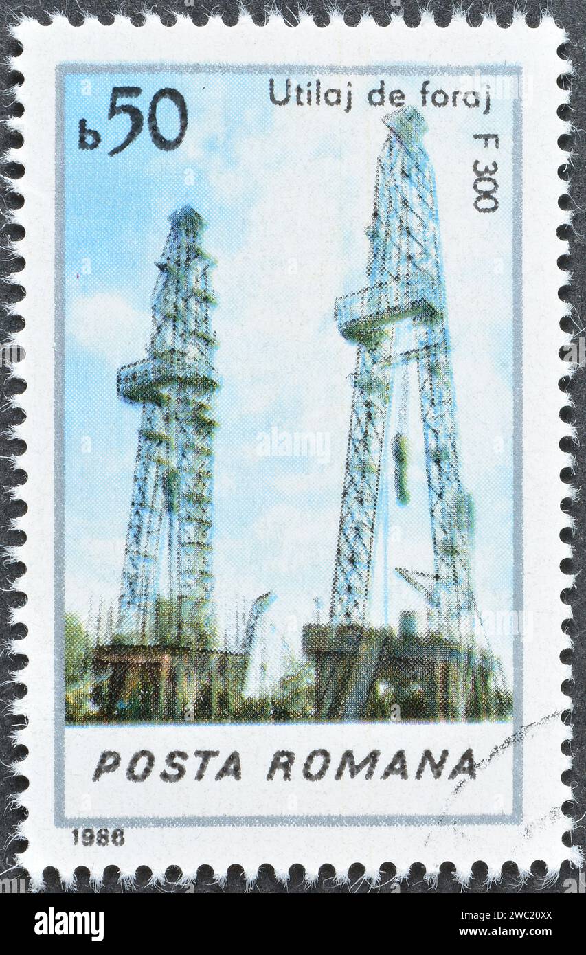 Cancelled postage stamp printed by Romania, that shows Drilling Rig 'F ...