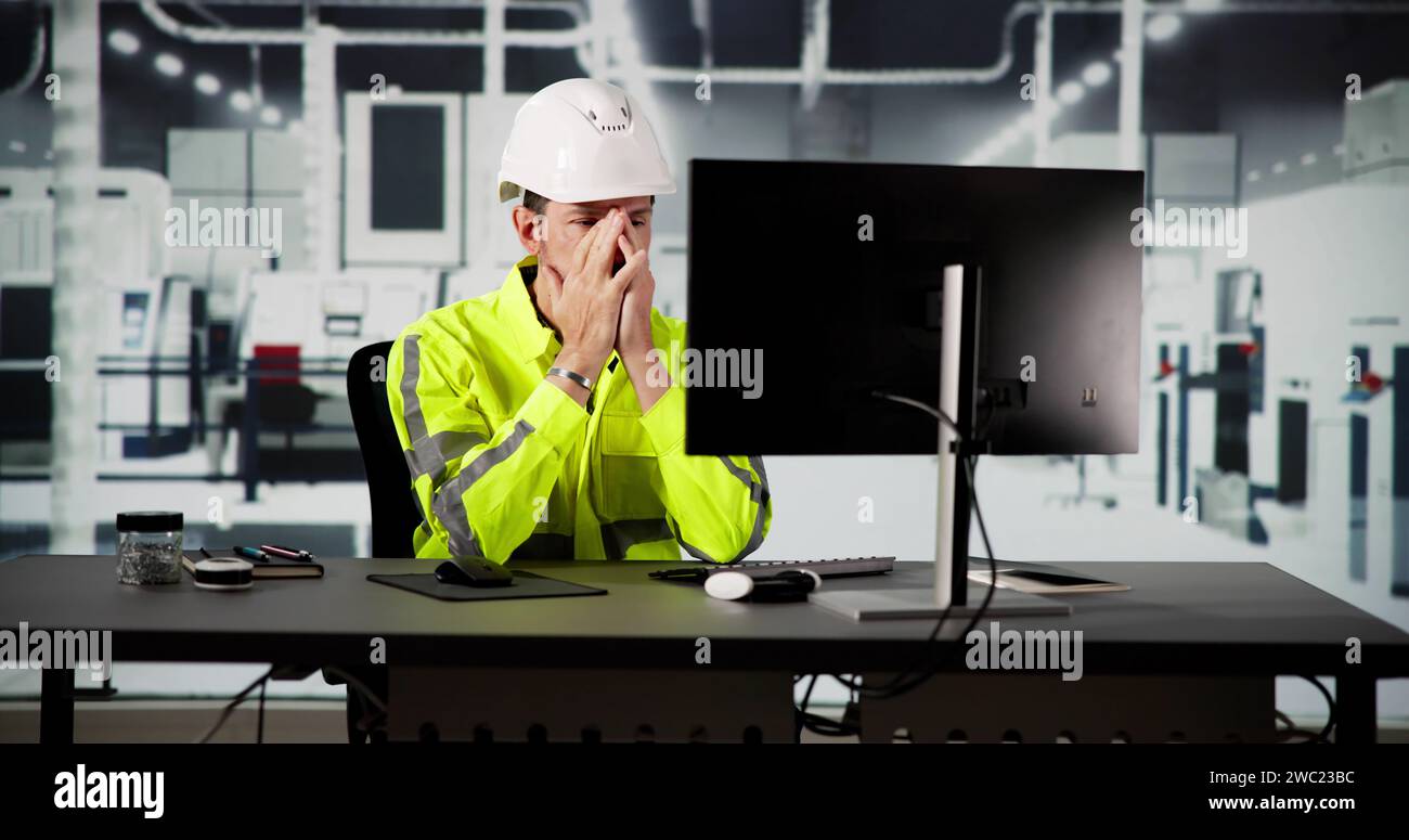 Shocked Engineer In Automated Semiconductor Factory During Ransomware Attack Stock Photo