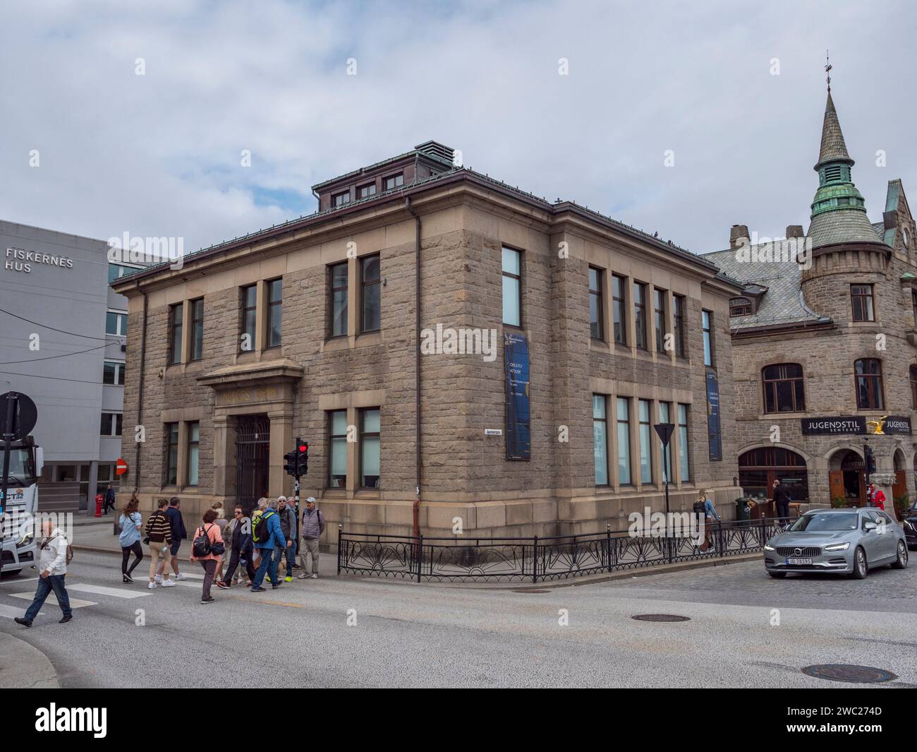 The old Norges Bank frontage of the Kube Kunstmuseet gallery in Ålesund, Møre og Romsdal County, Norway. Stock Photo