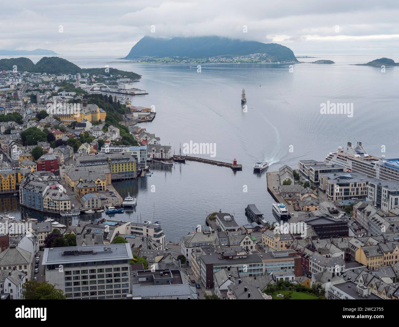 General view of the Ålesund harbour, Ålesund, Norway from the Askla/Fjellstua viewpoint with the island of Godøy in the distance. Stock Photo