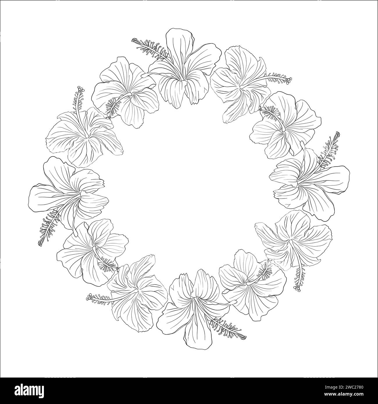Hibiscus flower black ink circle wreath. Can be used for wedding invitations, greeting cards ...