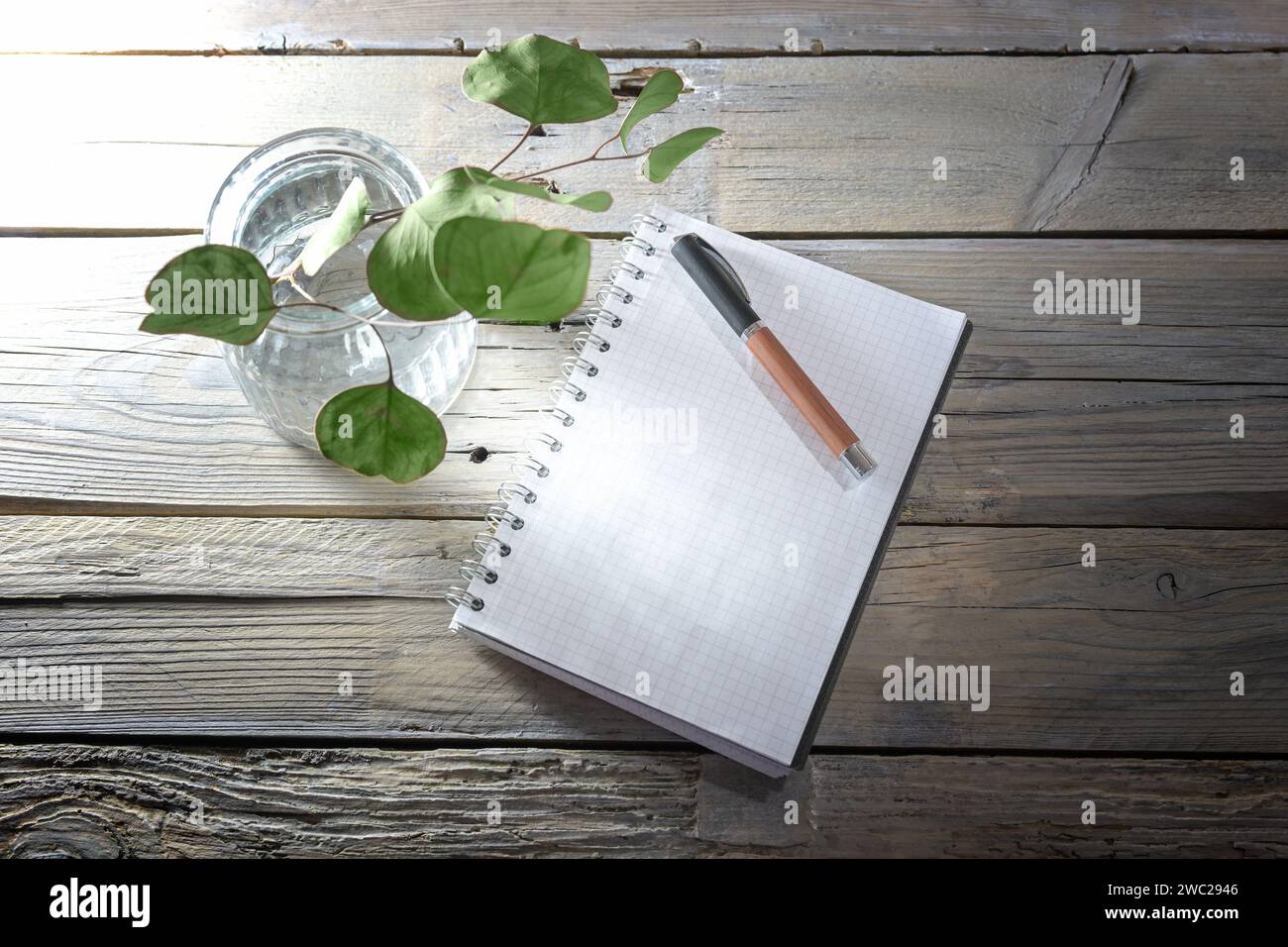 Blank spiral notepad with grid paper, pen and a glass vase with some leaves on a rustic table made of old wooden planks, mockup for notes or a message Stock Photo