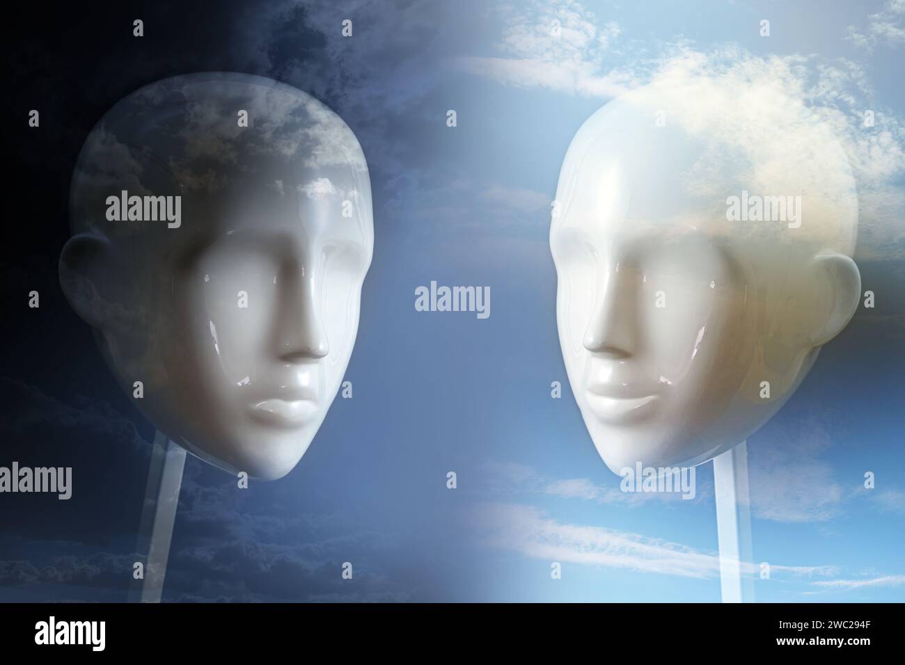 Negative versus positive thinking and emotion, psychology concept shown with two neutral colored mannequin heads and corresponding dark and light sky, Stock Photo