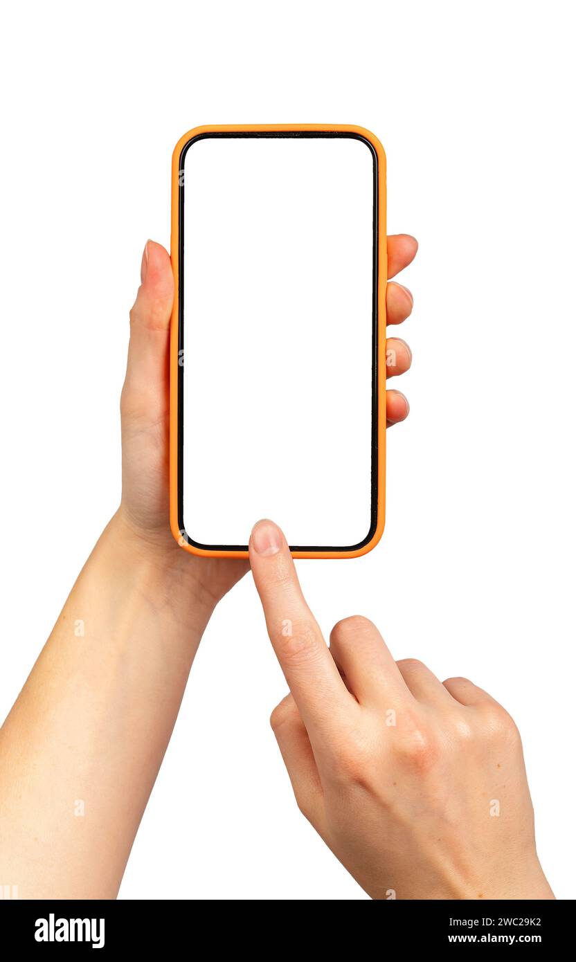 Mobile phone screen mockup, finger touching, tapping, clicking on smartphone isolated on white background. Cellphone mock up, display Stock Photo