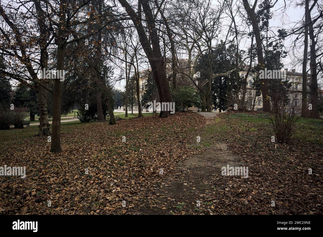 Mansion at the end of a path in a park on a cloudy day in autumn Stock Photo