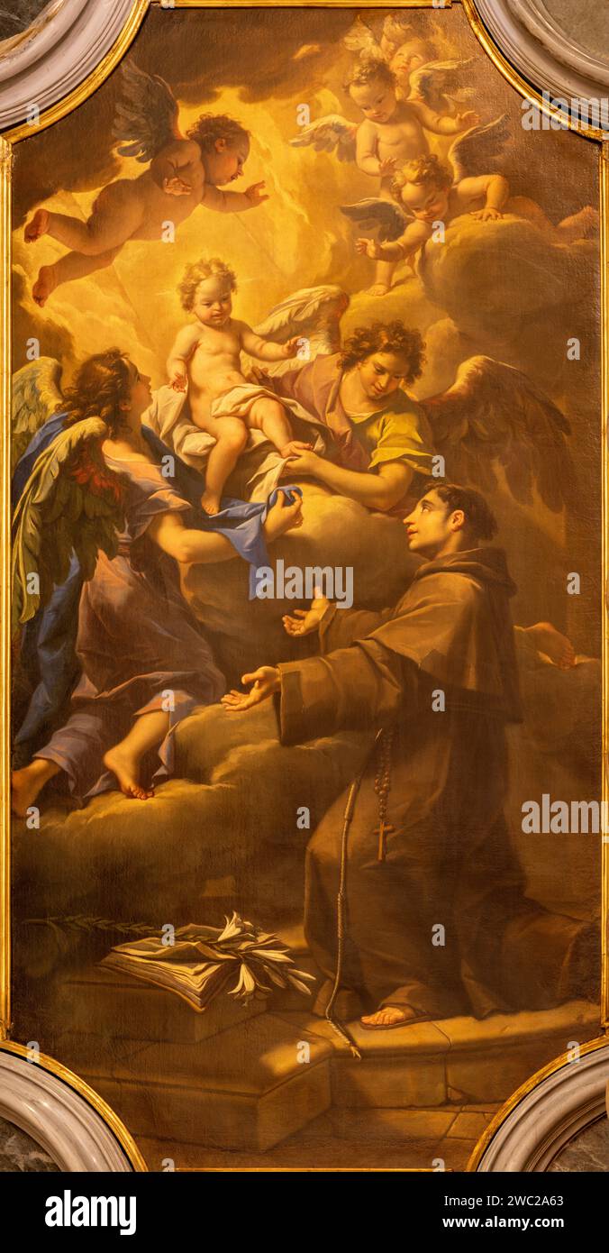 VICENZA, ITALY - NOVEMBER 7, 2023: The painting osf Vision of St. Anthony of Padua in the church Chiesa di Santo Stefano by Antonio Arrigoni (1710). Stock Photo