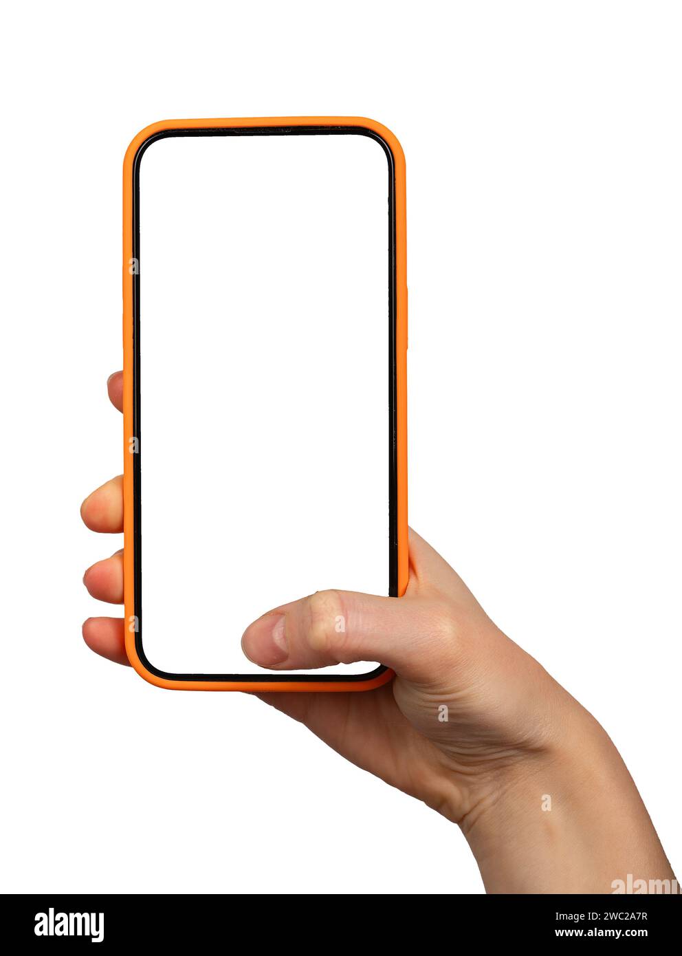 Thumb tapping on phone screen mockup. Finger clicking on smartphone mock up isolated on white Stock Photo
