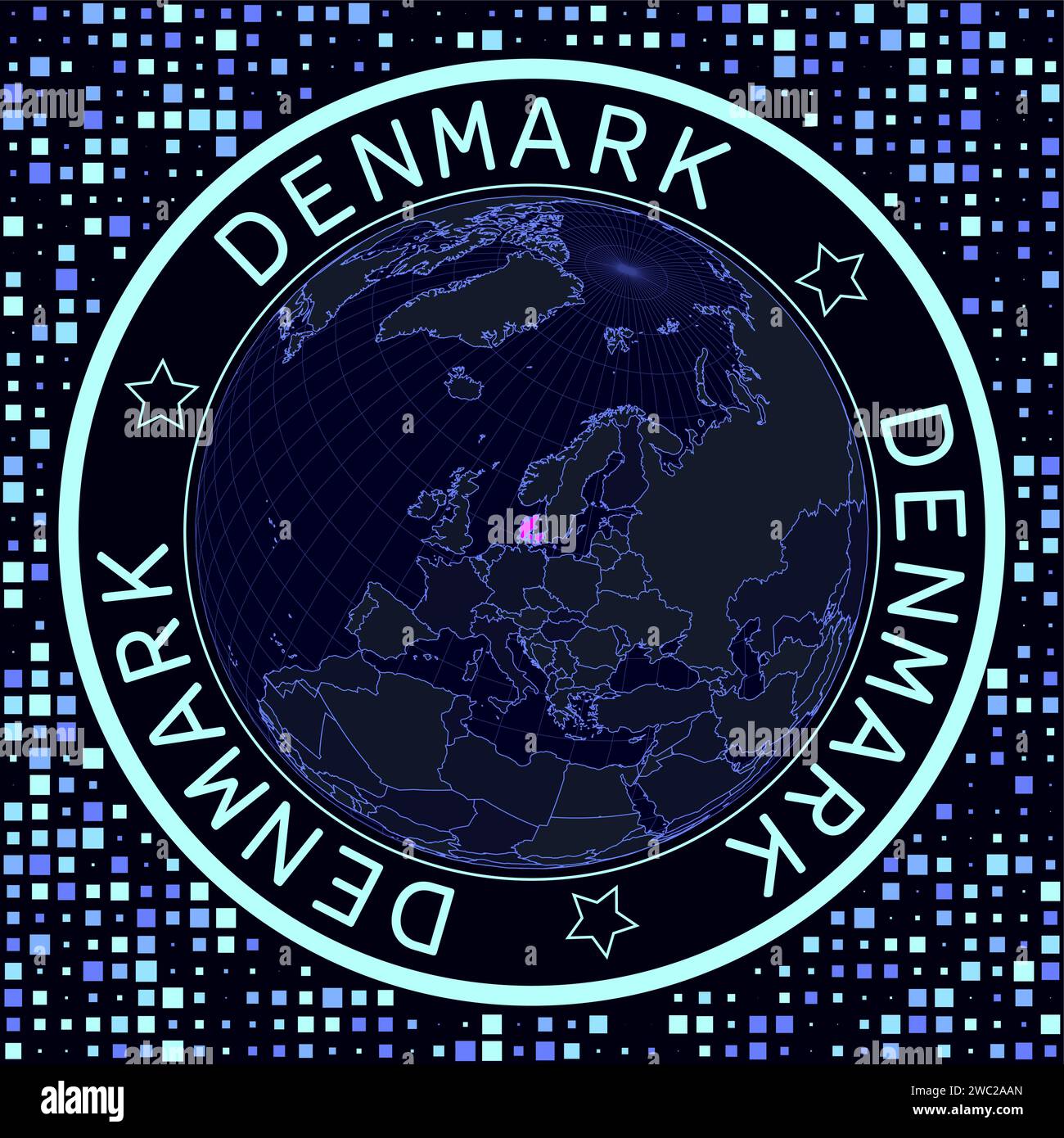 Denmark on globe vector. Futuristic satellite view of the world centered to Denmark. Stock Vector